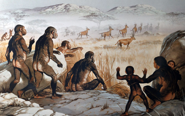 A painting of a group of cavemen monkeys
