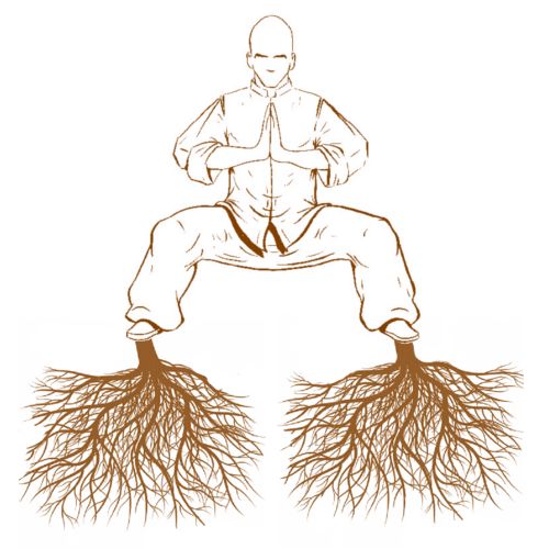 Drawing of a taoist monk in horse stance with roots coming out of his feet